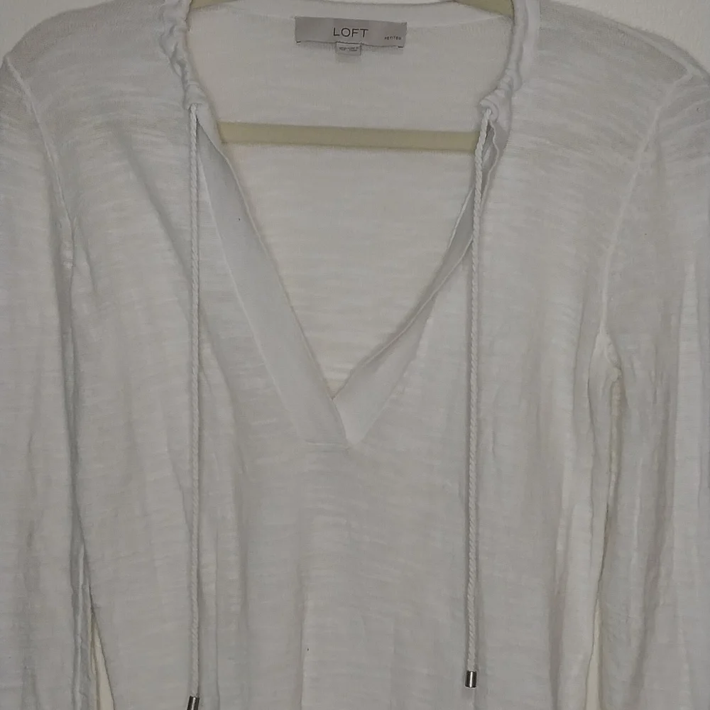 LOFT 100% cotton ivory white long sleeve drawstring lightweight sweater